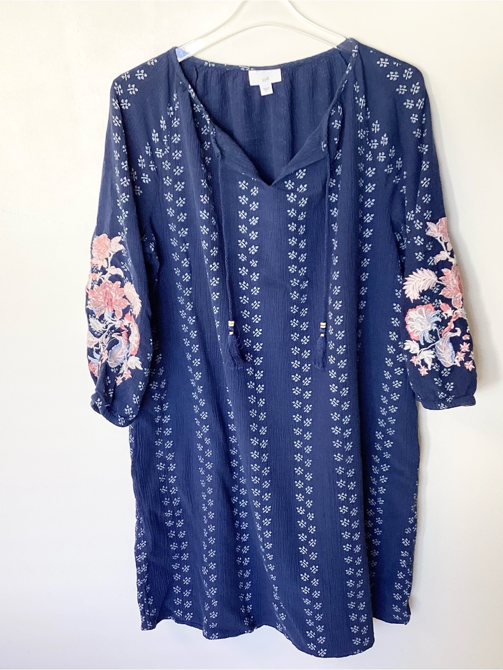 J.Jill 3/4 Sleeve Tassel Tie Neck Embroidered Floral Boho Dress - Blue - L